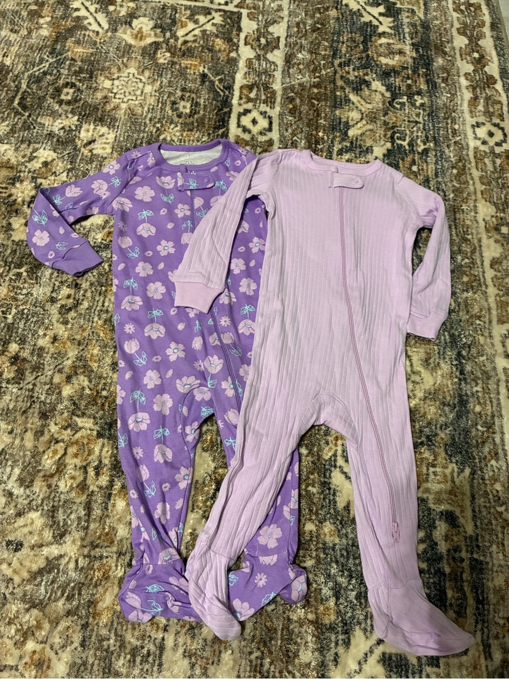 Girls' Purple Floral and Light Purple Ribbed One-Piece Sleepwear Set